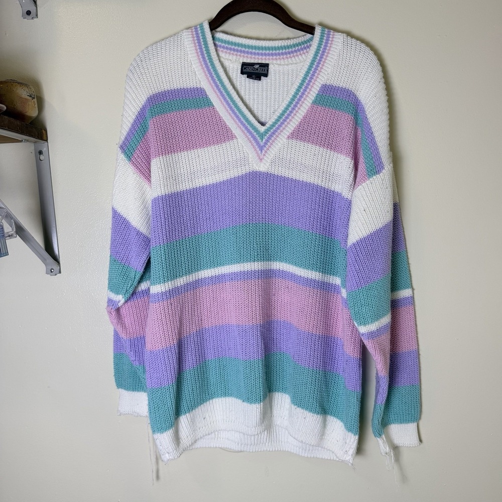 Vintage Striped V Neck Sweater Pastel 100% Cotton USA Cabin Creek 80's Retro